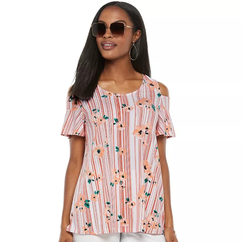 ELLE Women’s Floral Striped Cold-Shoulder Short-Sleeve Top - orange, size M
